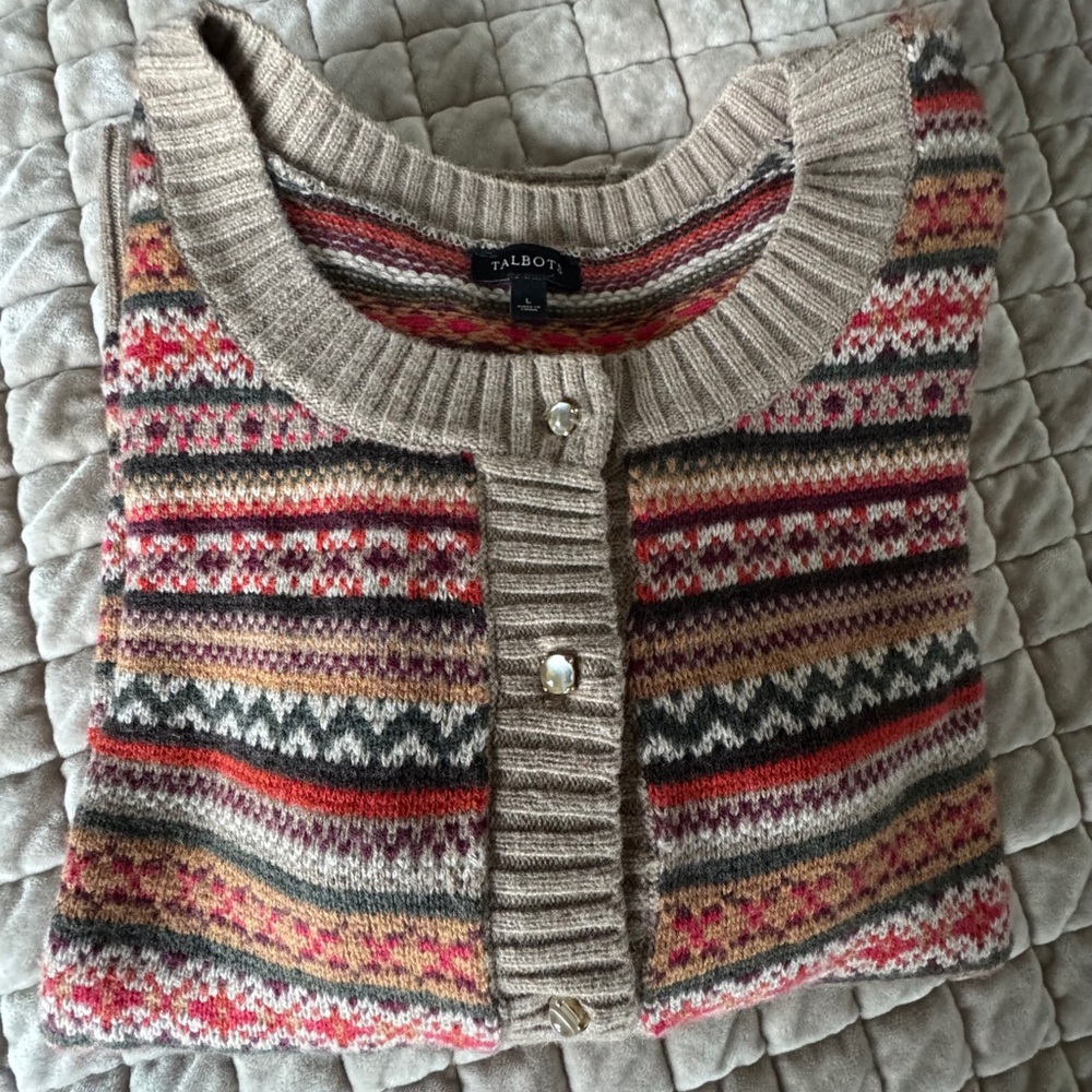 Talbots Fair Isle Cardigan Large Wool Blend Cottagecore Cozy Sweater - Picture 9 of 10